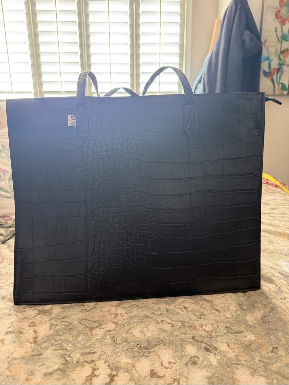 BEIS Black Croc-Embossed Tote Bag